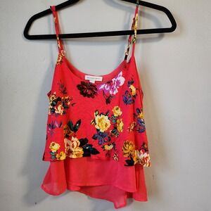 Ambiance Apparel Floral Print Cami Top Coral Red Sleeveless Blouse‎ Small